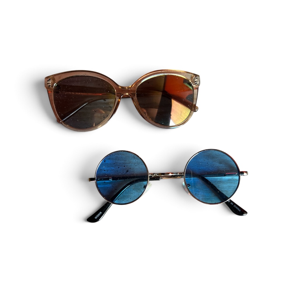 Women's Sunglasses Lot Blue Round Mirror & Brown Cat Eye Retro 2 Pack